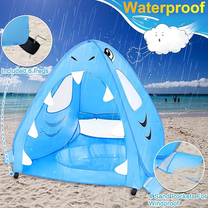 [ Extra High ] Shark Baby Beach Tent with Pool Pop Up Kiddie Pool Tents Baby Beach Essentials UPF 50+ UV Protection 4 Sand Pockets 3 Mesh Windows Sun Beach Shade Tent for Toddler Aged 3-60 Months