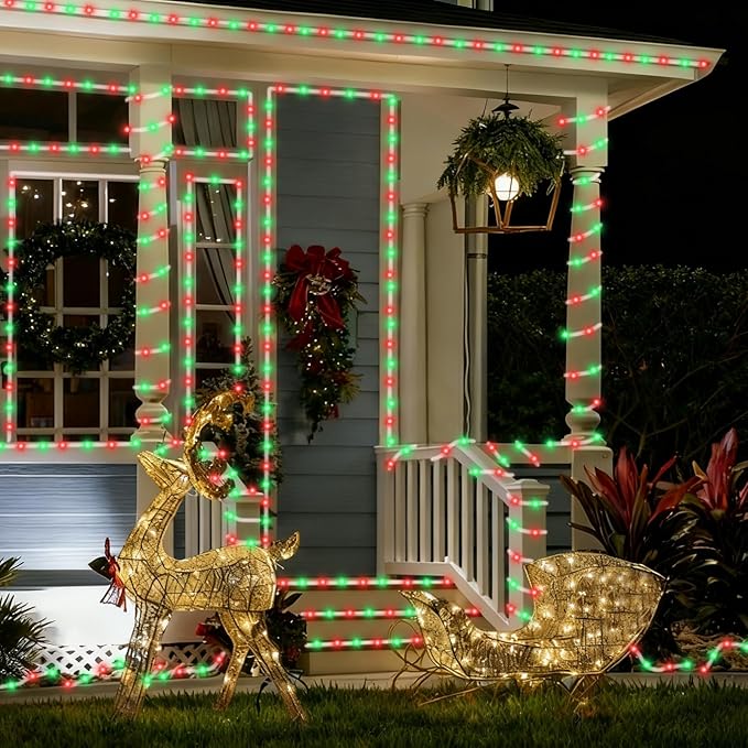 YEGUO Solar Christmas Light Outdoor Waterproof 66ft 200 LED Red and Green Rope Lights 8 Modes Tube String Lights in Clear Thin Tube