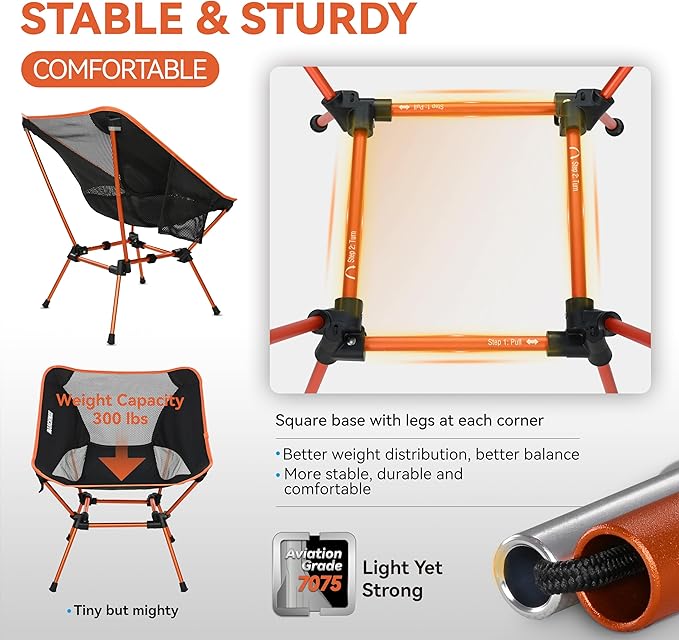 MARCHWAY Ultralight Folding Camping Chair Heavy Duty Portable Compact for Outdoor Camp Travel Beach Picnic Festival Hiking Lightweight Backpacking (Orange)