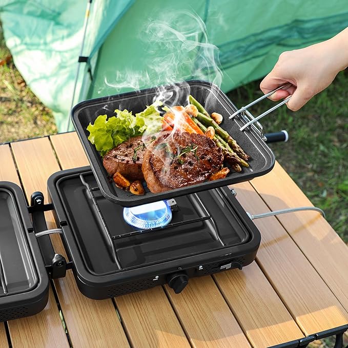 2 Burner Propane Camping Stove 17200 BTU Adjustable Burners Foldable Propane Camp Stove with Grill &amp Windscreen Double Burner Portable Folding Gas Stove with Carry Bag for Outdoor Camping BBQ