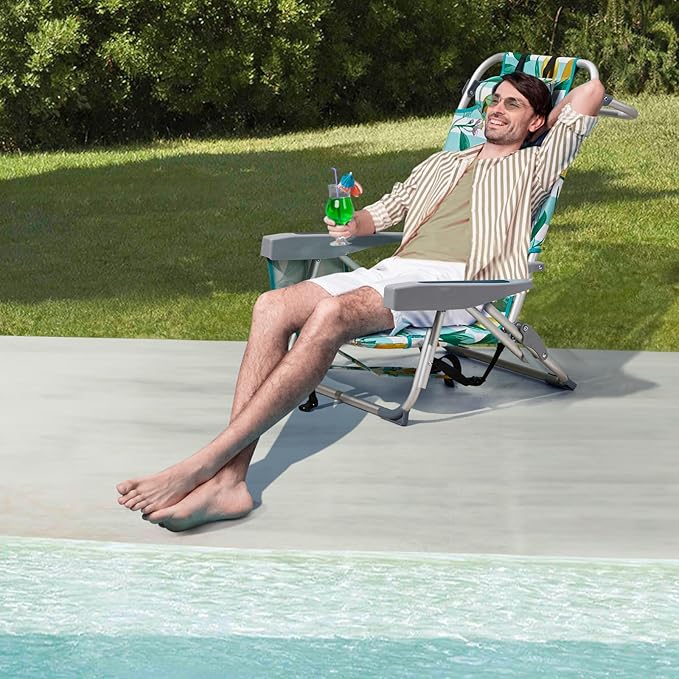 Bonnlo Low-Profile Folding Patio Chair with Headrest &amp Storage Pouch Lightweight Aluminum Frame Supports 220 lbs/100 kg Portable for Travel Lawn Poolside Camping Beach(Lemon Motif)