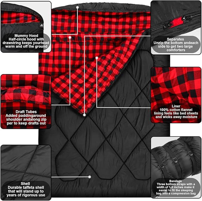 AGEMORE 0 Degree Double Sleeping Bag for Adults Cotton Flannel Lined 2 Person Queen Size Warm Sleeping Bag for Family Winter Camping or RV Traveling