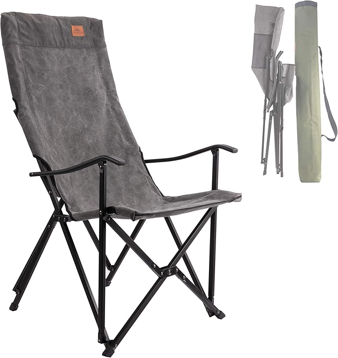 CAMPINGMOON Foldable Cotton Canvas Camping Chair for Campfire High Back Chair Gray F-1001C-H