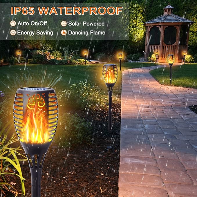 4Pack Solar Torch Light with Flickering Flame Upgraded 3in1 Solar Lights Outdoor Hanging Lantern Waterproof Landscape Decoration Lighting for Garden Yard Pathway Driveway Auto On/Off