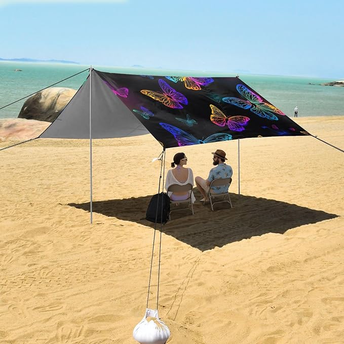 ALAZA Neon Rainbow Butterfly Beach Tent Sun Shelter UPF50+ Protection Beach Shade Canopy w/ 4 Sandbags for Outdoor Camping Fishing Backyard Fun Picnic 10x9 ft