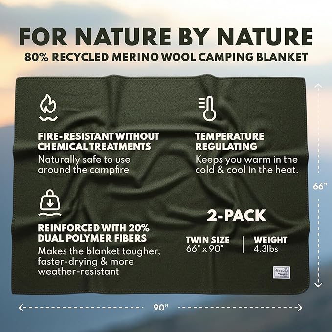 Woolly Mammoth 80% Merino Wool Camp Blankets (2-Pack) - Soft Naturally Fire-Resistant and Temperature-Regulating - for Winter Camping Bushcraft and Emergency Car Kits (66 x 90 Slate &amp Moss)