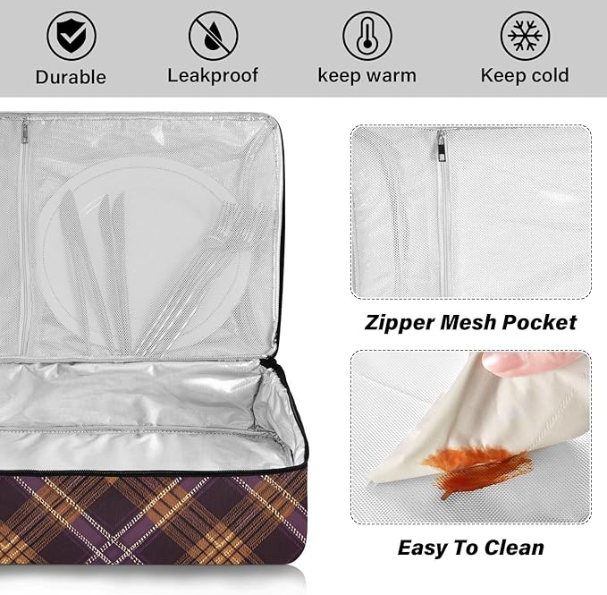 Casserole Carrier Purple Brown Tartan Print Insulated Casserole Carrier for Hot or Cold Food Thermal Lunch Tote for Parties Picnic Travel Carry Bag