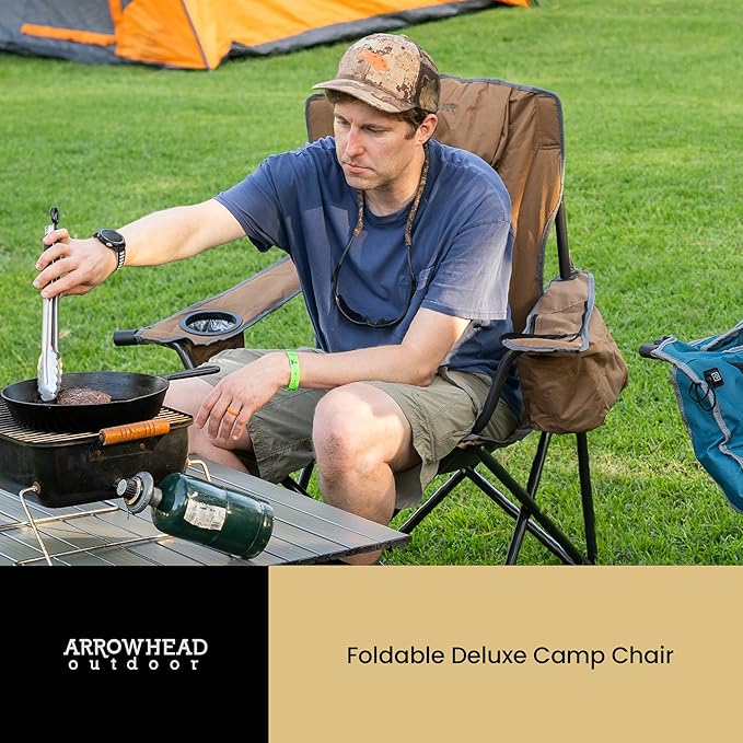 ARROWHEAD OUTDOOR Deluxe Folding Camp Chair – 550lb Capacity Heavy-Duty Quad Chair with Integrated Cooler Headrest and Dual Cup Holders.