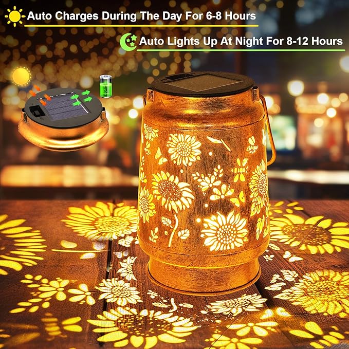 Sunflower Solar Lanterns Outdoor Waterproof Gifts for Women Mom Grandma Birthday Metal Hanging Lantern Solar Lights LED Decoration with Shepherd Hook Outside for Yard Patio Porch Garden Decor