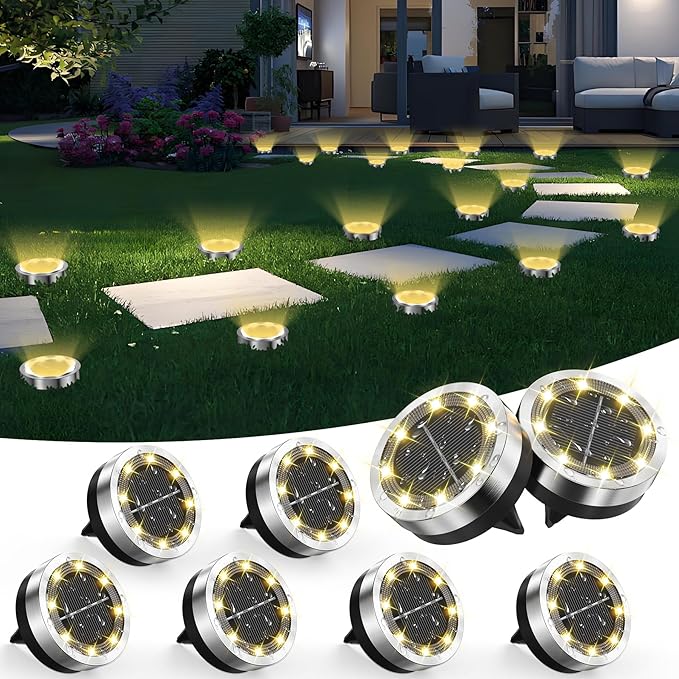 Solar Ground Lights Outdoor 8 Pack Solar Lights Outdoor Waterproof Mini Flat Solar-Powered Garden Light Landscape Lighting for Garden Yard Lawn Pathway Walkway Driveway Backyard Decor Warm White