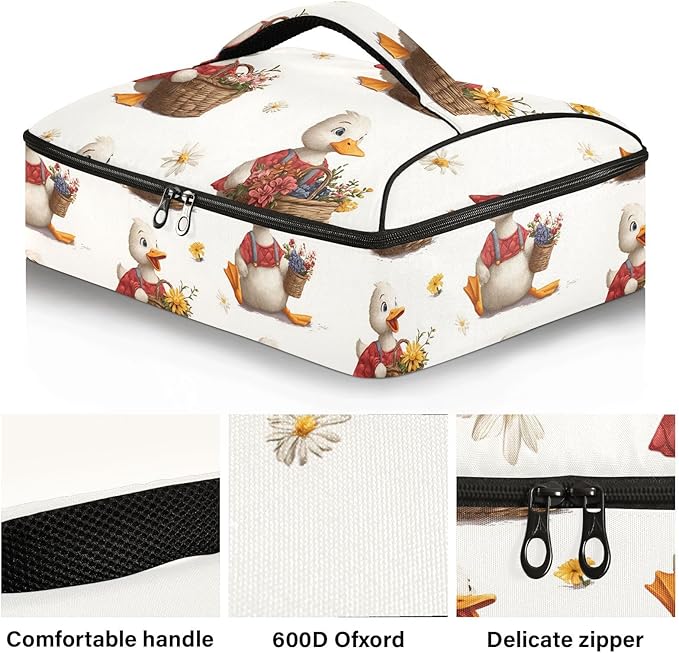 Casserole Carrier Cartoon DuckInsulated Casserole Carrier for Hot or Cold Food Thermal Lunch Tote for Potluck Parties Picnic Beach Fits 9 x 13 Inches Baking Dish