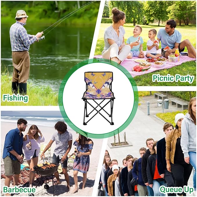 Butterfly Purple Portable Camping Chairs Folding Chair - Durable Oxford Fabric Lightweight Iron Frame Easy Fold Design - Ideal for Outdoor Activities Camping Fishing and Travel