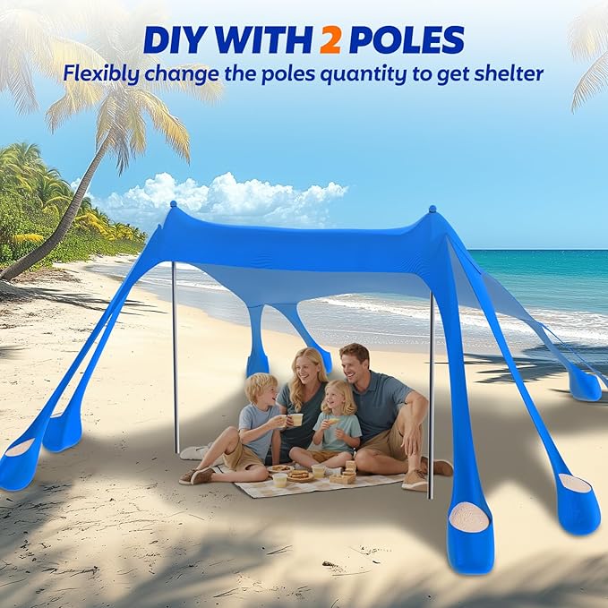 FAHKNS Beach Tent Camping Sun Shade UPF50+ with 8 Sandbags Sand Shovel Ground Spikes and Stabilizer Poles 10x10ft Beach Sunshade Beach Tent for Camping Fishing and Picnicking (Blue)