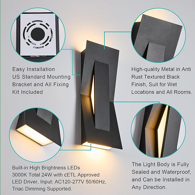 Modern Dimmable LED Up Down Wall Light120-277VCRI 90+2200LM 3000KIP65 Waterproof 10%-100% Dimmable for Commercial &amp Home Outdoor or Indoor 15 Inch Porch &amp Patio Wall Mount.