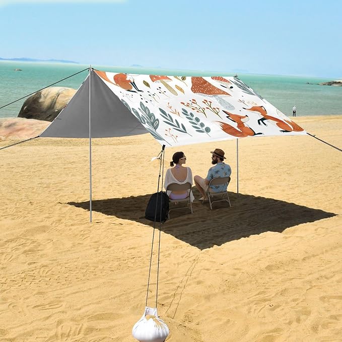Bolaz Beach Canopy Tent Sun Shade9'×10.5' Large Family Beach Shade UPF50+- Outdoor Shade for Camping Trips FishingCute Foxes Mushrooms Plants