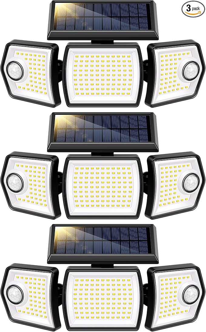 VIVOHOME Linkable Solar Flood Lights Outdoor 2 Adjustable Motion Sensors Security Lights with 3 Heads 2500LM IP65 Waterproof Solar Powered for Outside Yard Porch Patio 3 Pack