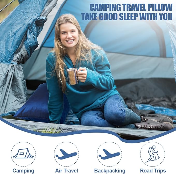 2 Pack Camping Pillow for Sleeping Shredded Memory Foam Travel Pillow with Storage Bag Compressible Portable Pillow for Outdoor Camp Backpacking Hiking Essential Gear(BlueMedium)