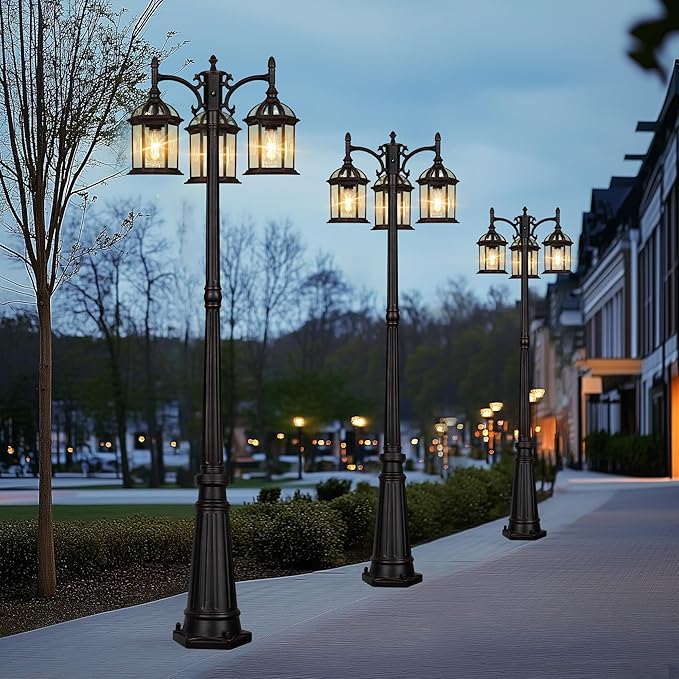 Dusk to Dawn Outdoor Lamp Post Light with 3 LED Bulbs Triple Head Aluminum Street Light Post for Outside with Sensor Waterproof Birdcage Pole Lighting Fixture for Backyard Garden Patio Bronze