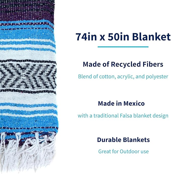 La Montana Mexican Blankets and Throws 4 Pack 74x50 - Made in Mexico Lightweight Yoga Blanket for Schools Studios Outdoors Camping Picnic Decor - Washable Turquoise/Dark Purple/White