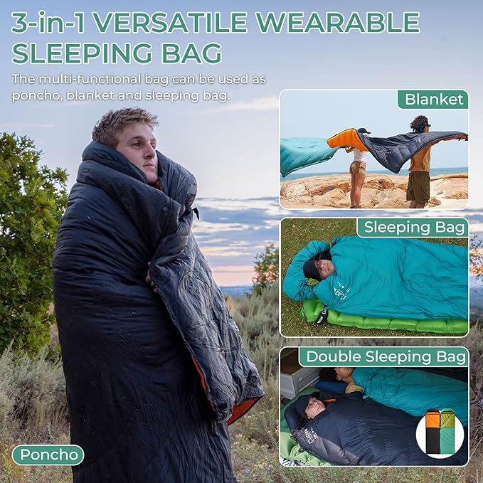 ATEPA 3-in-1 Hybrid Down Sleeping Bag for Adults Lightweight 3 Season Wearable Backpacking Sleeping Bag with Pad Attachment &amp Compact Compression Sack for Spring Summer Fall Car Camping 30°F 45°F
