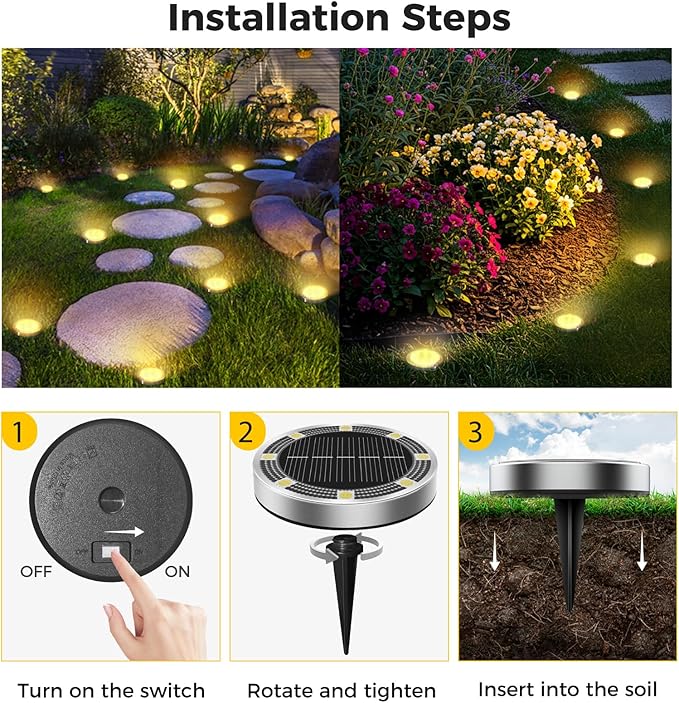16 Pack Solar Ground Lights Outdoor 8 LED Mini Flat Solar Disk Lights IP65 Waterproof Anti-Rust Disc Light Landscape Lighting for Garden Pathway Yard Walkway Driveway LawnWarm White
