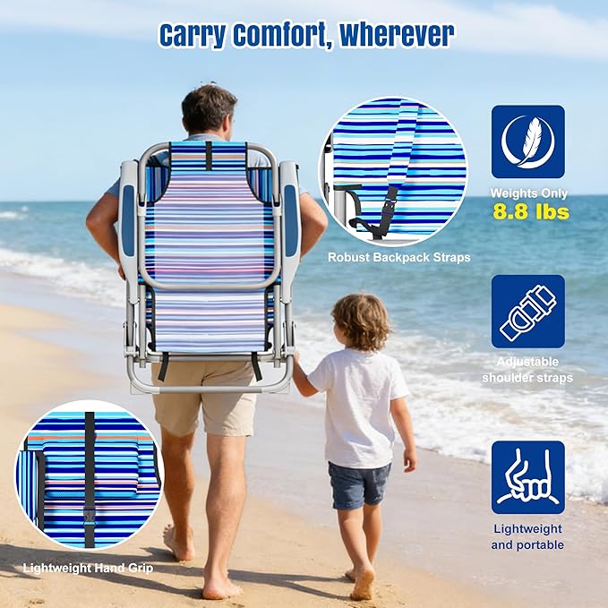 Lightweight Portable Beach Chair for Adults 350 LBS Capacity Backpack Beach Chair Reclining Beach Chair with 5-Position Lay Flat Large Cup Holder for Beach Camping Sports 1 Pack