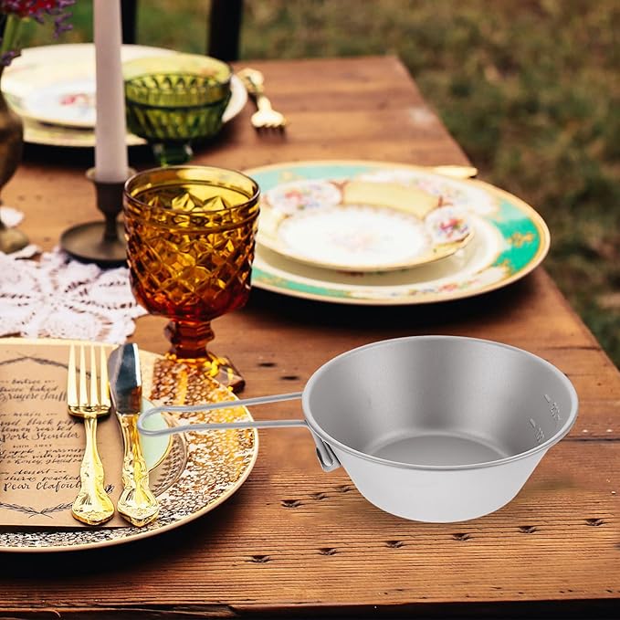 VICASKY Portable Titanium Camp Bowl with Folding Handle Lightweight Outdoor Salad and Fruit Dish Bowl for Hiking Backpacking Travel and Picnic Use