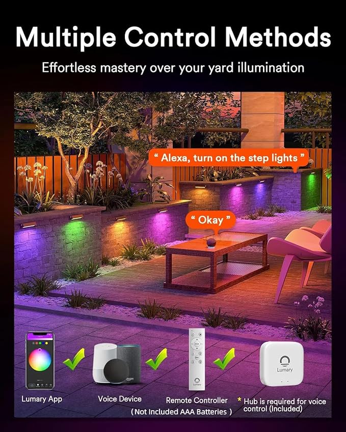 Lumary 8 Pack 12-24V Low Voltage Retaining Wall Lights with Hub 7 Inch Smart LED Hardscape Paver Lighting 2200K-6500K RGBCW Color Changing Outdoor Landscape for Step APP/Remote/Voice Control Brown