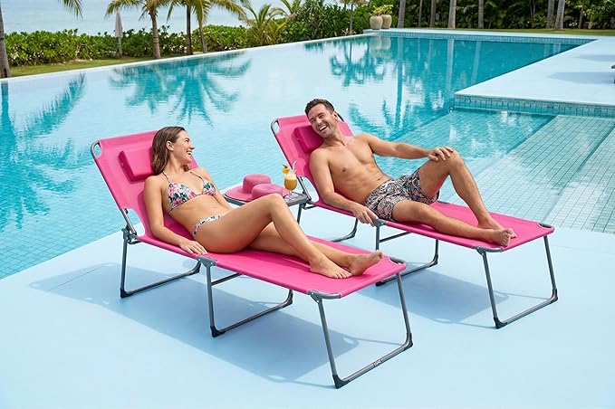 Tanning Chair with Face Hole Folding Beach Lounge Chair 5-Position Adjustable Backrest Face Down Chaise Lounge with Pillow and Side Pocket Portable for Poolside Patio Backyard Beach Pink