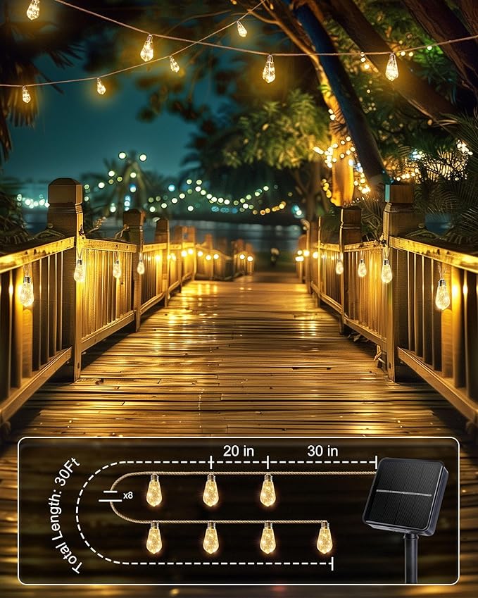 Brightown 30FT Solar String Lights Outdoor with 15 Shatterproof Bulbs 8 Light Modes Vintage Hemp Rope LED Patio Lights Waterproof Hanging Lights for Porch Garden Café Bistro Decor Warm White