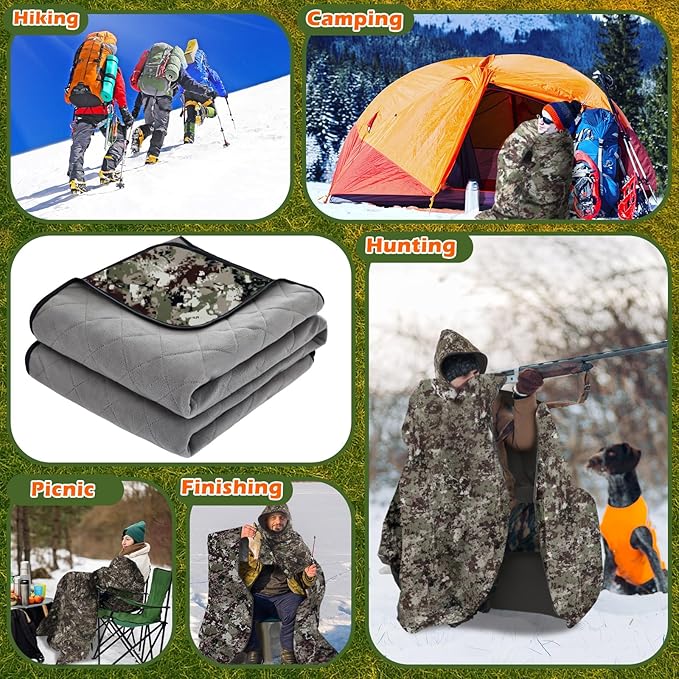 VitalCozy 55 x 95 Waterproof Woobie Camo Blanket for Hunting Extra Outdoor Stadium Blankets Sherpa Lining with Hood and Storage Pocket for Deer Duck Hunting Gear Blind Accessories(Camo)