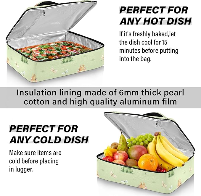 Casserole Carrier Frog and DragonflyInsulated Casserole Carrier for Hot or Cold Food Thermal Lunch Tote for Potluck Parties Picnic Beach Fits 9 x 13 Inches Baking Dish