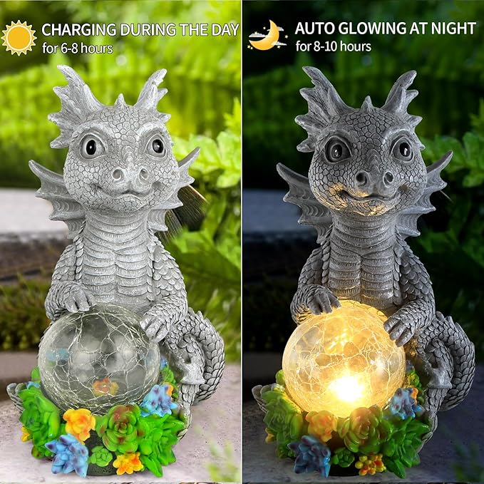 Solar Garden Outdoor Statues Dragon Holding Magic Orb with Solar LED Lights - Lawn Decor Outdoor Statue for Patio Balcony Yard OrnamentUnique Gifts for Mom Grandma
