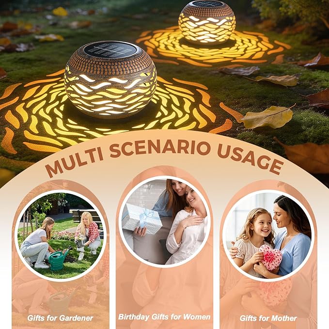 Solar Lanterns Outdoor Waterproof 2 Pack Retro Metal Hollow Out Solar Lantern Lights with 3 Lighting Modes Decorative Table Lanterns for Garden Yard Patio Porch  Gardening Gifts for Women Mom