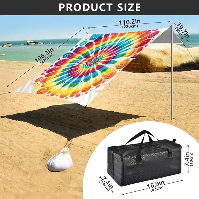 ALAZA Rainbow Swirl Tie Dye Beach Tent Sun Shelter UPF50+ Protection Beach Shade Canopy w/ 4 Sandbags for Outdoor Camping Fishing Backyard Fun Picnic 10x9 ft