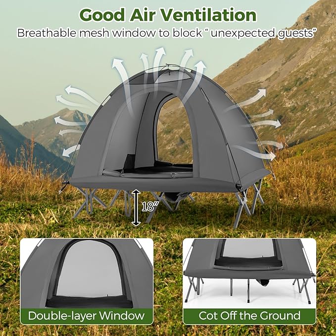 Tangkula 2 Person Tent Cot Portable Off Ground Elevated Camping Tent with Cot Removable Rainfly Wheeled Bag Stakes &amp Wind Ropes for Beach Picnic Hiking Travel