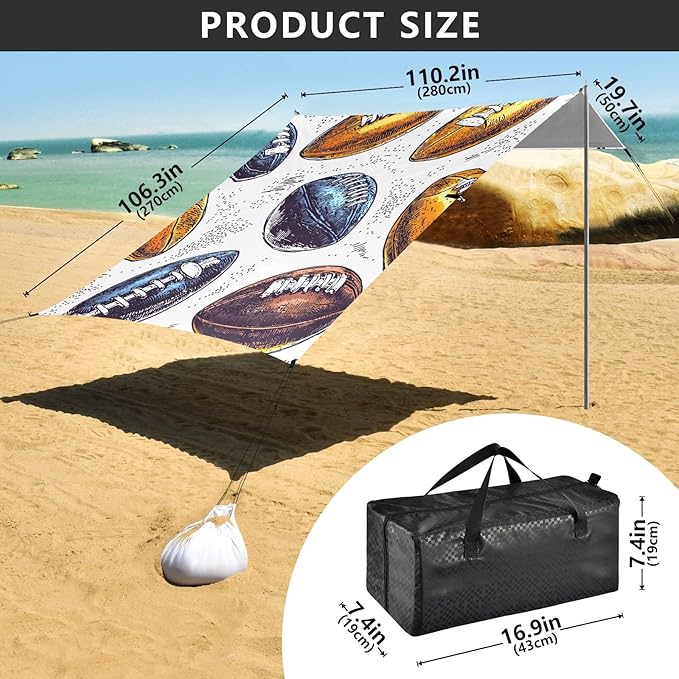 Rugby White Pattern Camping Sun Shelter Beach Tent Portable Beach Sun Shade Outdoor Canopy for Camping Trips Fishing Picnic