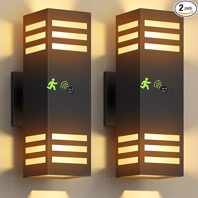 Motion Sensor Outdoor Wall Lights Dusk to Dawn Exterior Light Fixture with 3 Modes Waterproof Modern Dimmable Porch Light with Up Down Lighting for Patio Garage Front Door Matte Black 2Pack
