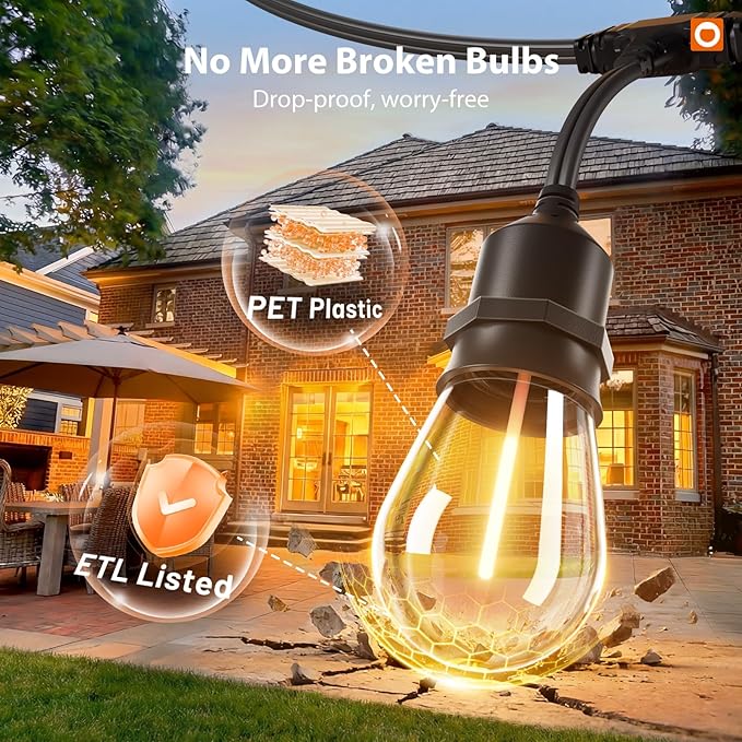 addlon 100FT Outdoor String Lights LED with Remote Dimmable Patio Lights Waterproof Shatterproof with 50 Edison Bulbs for Outside Backyard Porch Garden Bistro Pergola Party Decor Warm Lighting