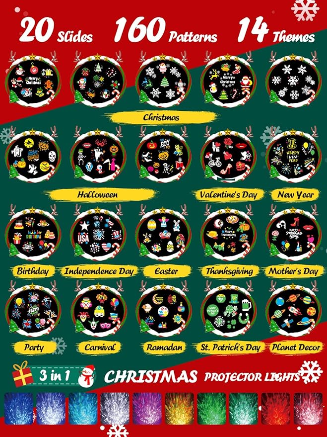 3 in 1 Christmas Projector Outdoor with Firefly &amp Ocean Wave Light 160 HD Patterns Christmas Decor 3D Dynamic Christmas Holiday Snowflake Projector Waterproof w/Timer for Outdoor Indoor Light Sh