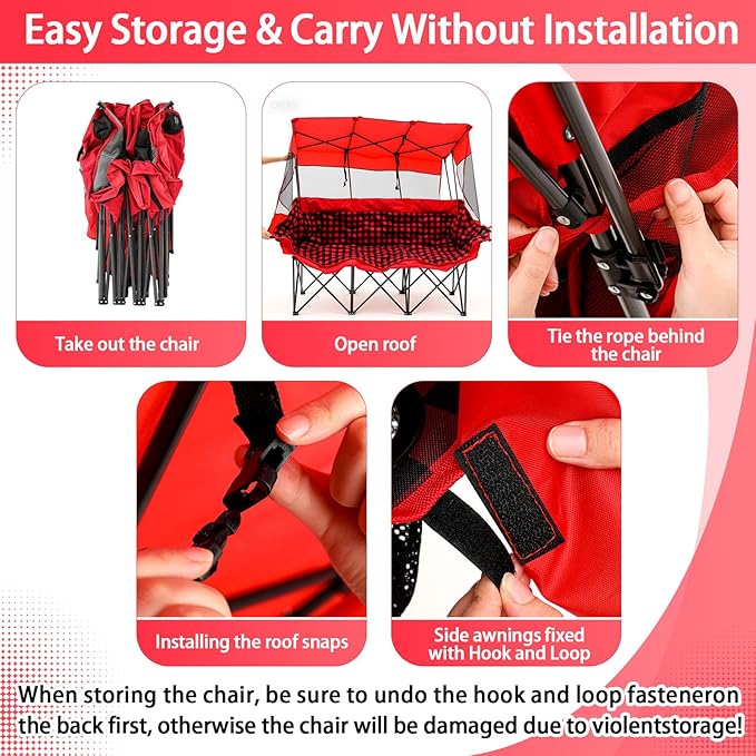 3 Person Camping Chair with Canopy Shade 700lbs Heavy Duty Oversized Beach Camping Chair with Thick Cushion Cup Holder and Carry Bag Foldable Portable Sofa for Lawn Beach Outdoor(Red Black)