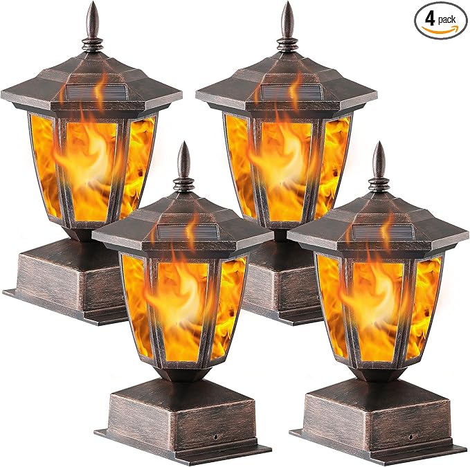 Dynaming 4 Pack Solar Flame Post Lights Outdoor Solar Powered Lamps Fence Post Cap Lights Flickering Flame LED Lantern Waterproof for Garden Deck Patio Fit 4x4 5x5 or 6x6 Wooden Posts Bronze