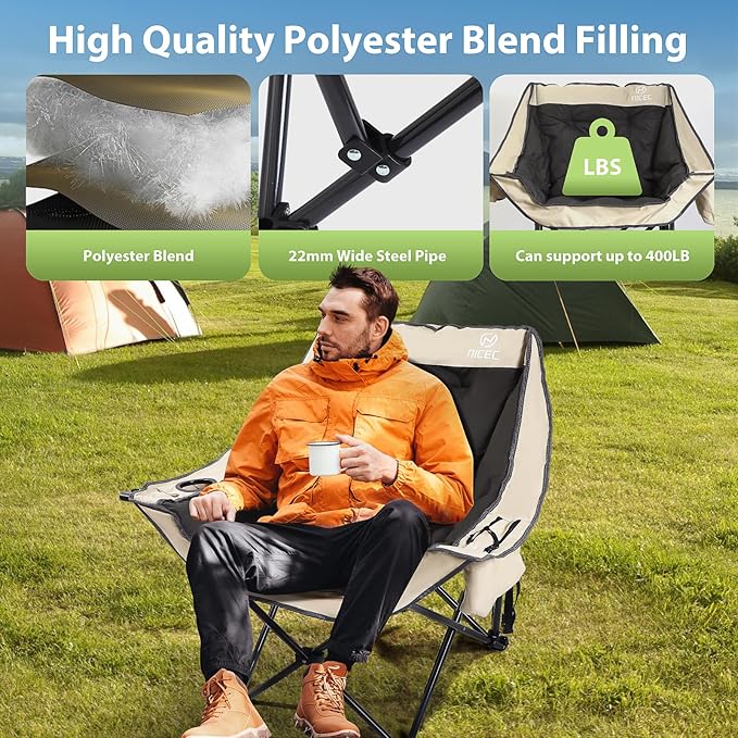 Nice C Padded Camping Chair Oversized Camping Chairs Oversized Thick Padded Folding Chairs Outdoor Sports Chair Heavy Duty with Cooler Bag Cup Holder Side Pockets (2 Pack)
