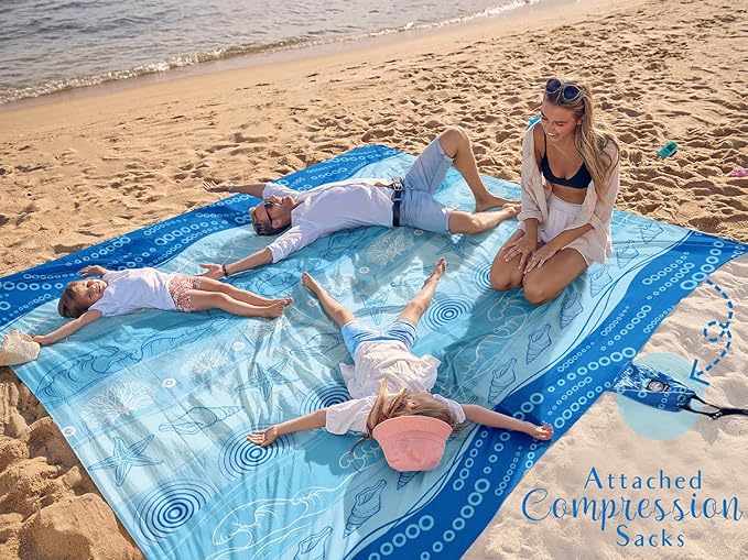 WEKAPO Beach Blanket Waterproof Sandproof Oversized Extra Large Sand Free Beach Mat with Stakes Storage Bag - Essentials for Outdoor Beach Picnic (Bohemian Starfish 8 X 7 FT (1~4 Person))
