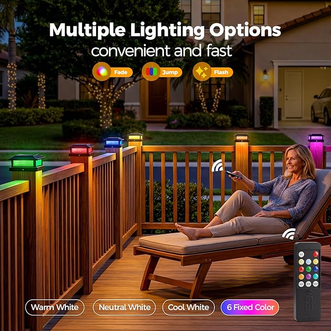 Solar Post Cap Lights Outdoor with Remote 10pack - Control 8 RGB Color Changing &amp Multicolor Flow Modes Easily IP65 Waterproof - Fits 4x4/5x5 Wood/Vinyl Fence Deck Posts Patio Garden Black