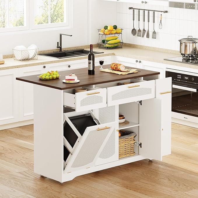 Rolling Kitchen Island Cart with Drop Leaf Storage Cabinets Drawers Tilt-Out Trash Can Spice Rack Narrow Movable Table for Small Spaces 47 on Wheels - Walnut Tabletop + White