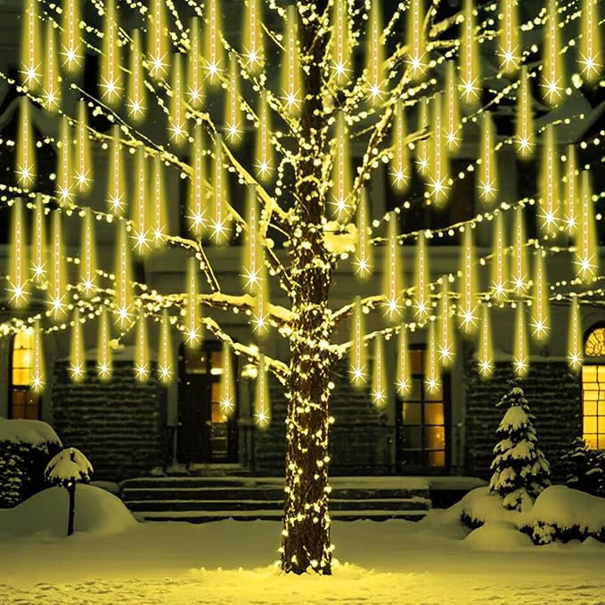 Outdoor Meteor Shower Christmas Lights 24-Tube 576LEDs Shooting Star Waterfall Meteor Shower Falling Rain Light for Christmas Tree Decorations Wedding Party Holiday Garden UL Plug Warm White