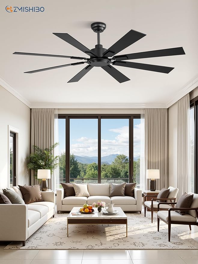 62 Inch Ceiling Fan No Light with Remote Control 8 Blades Quiet DC Reversible Motor 6-Speed Timer Black Finish Indoor Outdoor Ceiling Fans for Patios Living Room Garage