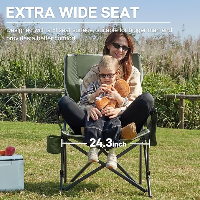 EVER ADVANCED Oversized Folding Camping Chair for Adults Heavy Duty Lawn Chair with Side Pockets Portable Collapsible Quad Chair for Outside Support Up to 500lbs Green 2Pack