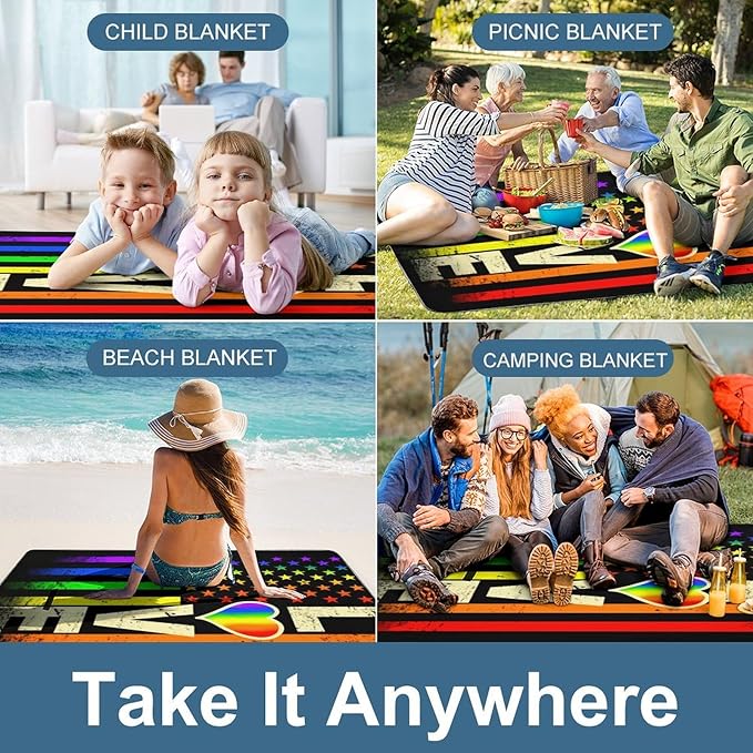 American Flag Rainbow Lesbian Gay Love Pride Waterproof Outdoor Picnic Blanket Sandproof Beach Mat for Camping Hiking Grass Travelling